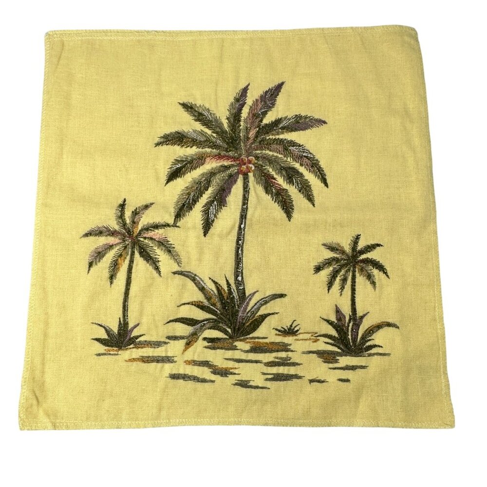 Croscill Napkins Yellow Tropical Palm Tree Embroidered Beaded Linen Square 13 In